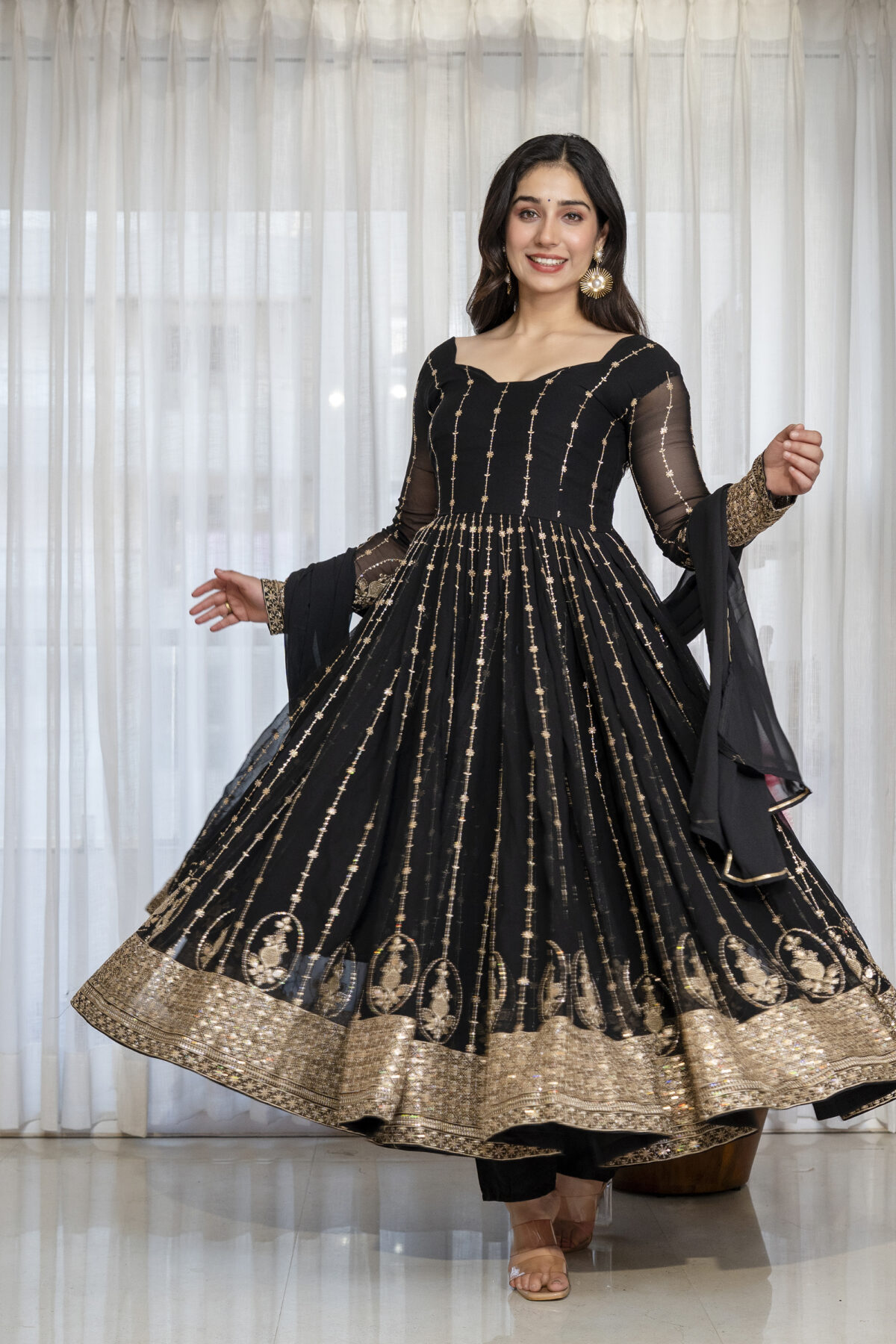 Black Color Faux Blooming Fabric Sequence With Jari Embroidery Work Anarkali Suit