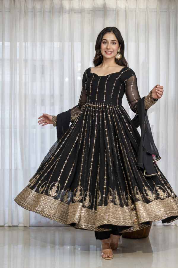 Black Color Faux Blooming Fabric Sequence With Jari Embroidery Work Anarkali Suit