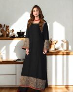Black Color Slub Rayon Fabric Thread Work Kashmiri Style Tunic Palazzo Suit