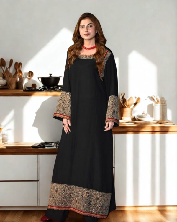 Black Color Slub Rayon Fabric Thread Work Kashmiri Style Tunic Palazzo Suit
