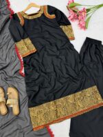 Black Color Slub Rayon Fabric Thread Work Kashmiri Style Tunic Palazzo Suit