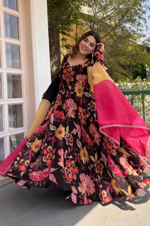 Black Color Tabby Organza Fabric Digital Print Work Anarkali Suit