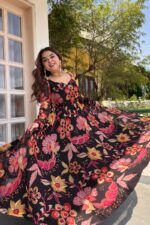 Black Color Tabby Organza Fabric Digital Print Work Anarkali Suit