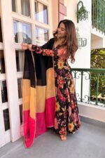 Black Color Tabby Organza Fabric Digital Print Work Anarkali Suit
