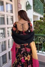 Black Color Tabby Organza Fabric Digital Print Work Anarkali Suit