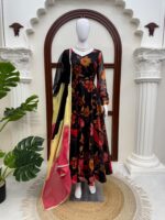 Black Color Tabby Organza Fabric Digital Print Work Anarkali Suit