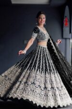 Black Heavy Butterfly Net Beautiful Embroidery Work Bridal Lehenga