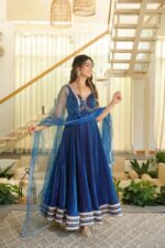 Blue Color Fendi Silk Fabric Fancy Lace Work Gown