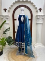 Blue Color Fendi Silk Fabric Fancy Lace Work Gown