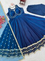 Blue Color Fendi Silk Fabric Fancy Lace Work Gown