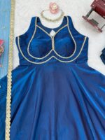 Blue Color Fendi Silk Fabric Fancy Lace Work Gown