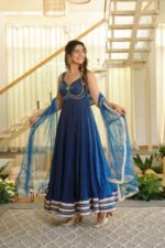 Blue Color Fendi Silk Fabric Fancy Lace Work Gown