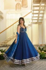 Blue Color Fendi Silk Fabric Fancy Lace Work Gown