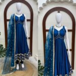 Blue Color Fendi Silk Fabric Fancy Lace Work Gown