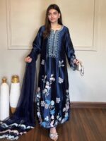 Blue Color Jura Silk Fabric Thread Work Suit