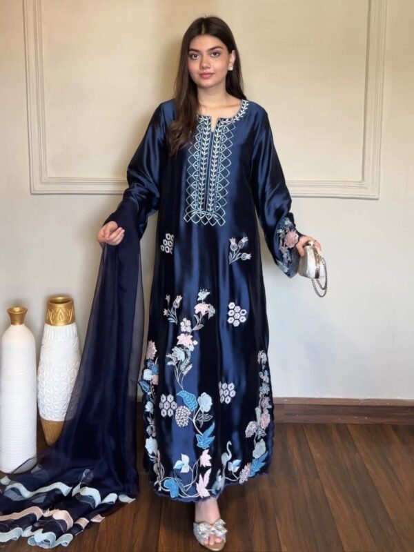 Blue Color Jura Silk Fabric Thread Work Suit