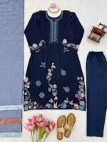 Blue Color Jura Silk Fabric Thread Work Suit
