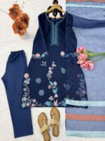 Blue Color Jura Silk Fabric Thread Work Suit