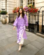 Bollywood Actress Mahira Khan Lavender Color Organza Fabric Digital Print Work Suit