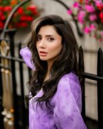Bollywood Actress Mahira Khan Lavender Color Organza Fabric Digital Print Work Suit