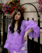 Bollywood Actress Mahira Khan Lavender Color Organza Fabric Digital Print Work Suit