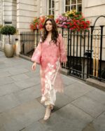 Bollywood Actress Mahira Khan Pastel Pink Color Organza Fabric Digital Print Work Suit