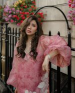 Bollywood Actress Mahira Khan Pastel Pink Color Organza Fabric Digital Print Work Suit