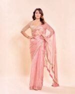 Bollywood Actress Shriya Saran Pastel Pink Color Salsa Silk Fabric Pearl Work With Bead Work Saree