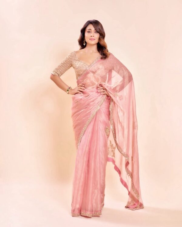 Bollywood Actress Shriya Saran Pastel Pink Color Salsa Silk Fabric Pearl Work With Bead Work Saree
