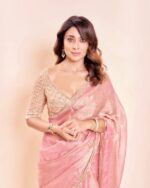 Bollywood Actress Shriya Saran Pastel Pink Color Salsa Silk Fabric Pearl Work With Bead Work Saree
