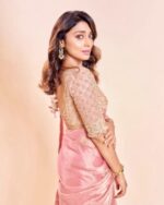 Bollywood Actress Shriya Saran Pastel Pink Color Salsa Silk Fabric Pearl Work With Bead Work Saree