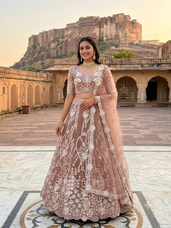 Brown Color Butterfly Soft Net Fabric Sequence Work Lehenga