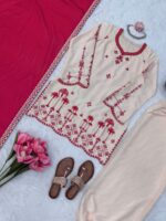 Cream Color Roman Silk Fabric Thread Work Harem Salwar Suit
