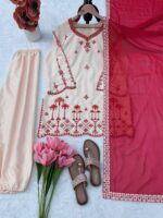 Cream Color Roman Silk Fabric Thread Work Harem Salwar Suit