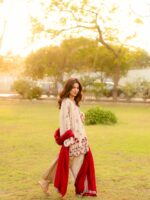 Cream Color Roman Silk Fabric Thread Work Harem Salwar Suit