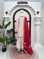 Cream Color Roman Silk Fabric Thread Work Harem Salwar Suit