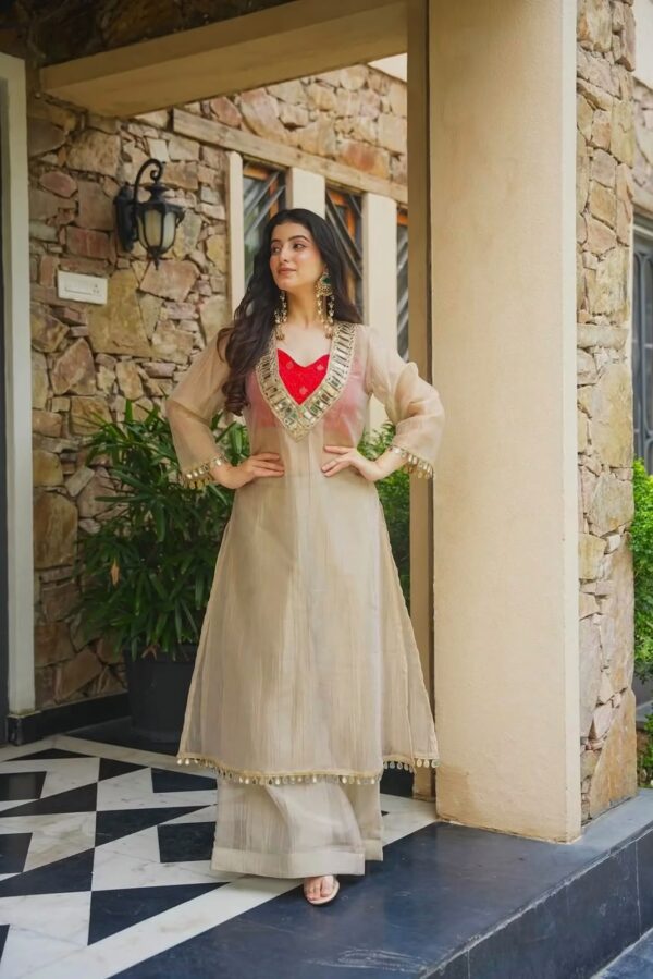 Cream Color Salsa Silk Fabric Real Mirror Work Palazzo Suit