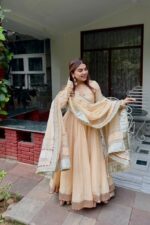 Cream Color Tabby Organza Silk Fabric Real Mirror Hand Work Lehenga Anarkali Suit