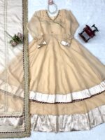 Cream Color Tabby Organza Silk Fabric Real Mirror Hand Work Lehenga Anarkali Suit