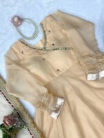 Cream Color Tabby Organza Silk Fabric Real Mirror Hand Work Lehenga Anarkali Suit