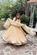 Cream Color Tabby Organza Silk Fabric Real Mirror Hand Work Lehenga Anarkali Suit