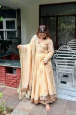 Cream Color Tabby Organza Silk Fabric Real Mirror Hand Work Lehenga Anarkali Suit