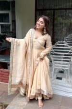 Cream Color Tabby Organza Silk Fabric Real Mirror Hand Work Lehenga Anarkali Suit