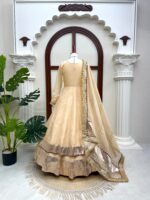 Cream Color Tabby Organza Silk Fabric Real Mirror Hand Work Lehenga Anarkali Suit