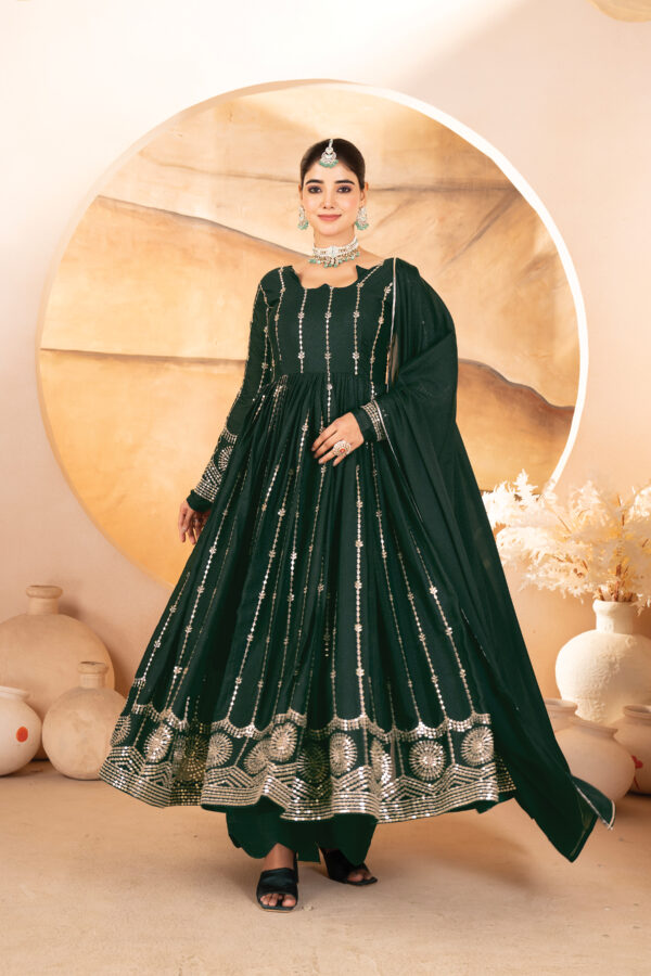Dark Green Color Star Georgette Fabric Sequence With Multi Thread Embroidery Work Anarkali Suit
