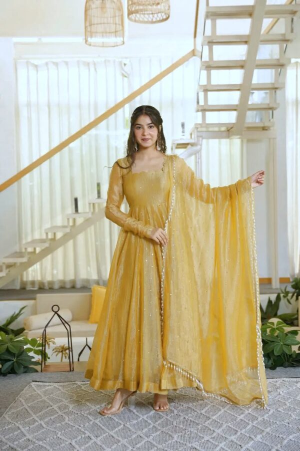 Gold Color Salsa Silk Fabric Foil Work Gown