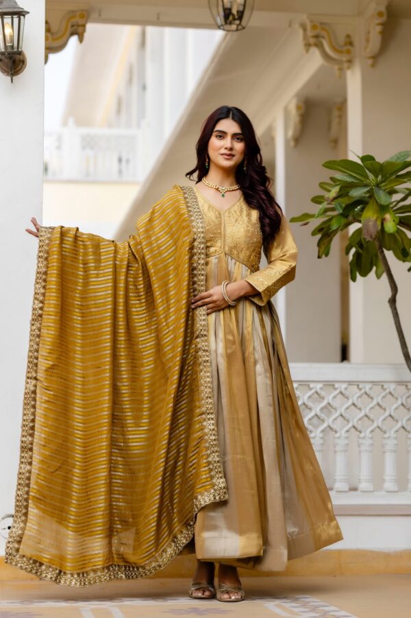 Gold Color Viscose Banarasi Silk Fabric Embroidery Work Gown