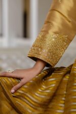 Gold Color Viscose Banarasi Silk Fabric Embroidery Work Gown