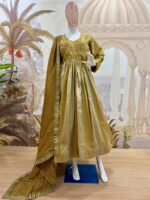 Gold Color Viscose Banarasi Silk Fabric Embroidery Work Gown