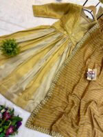 Gold Color Viscose Banarasi Silk Fabric Embroidery Work Gown